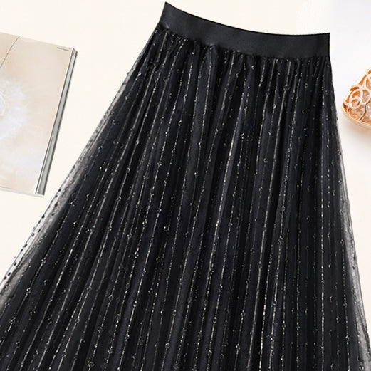 Black Elastic Waist Tulle Pleated Skirt Summer