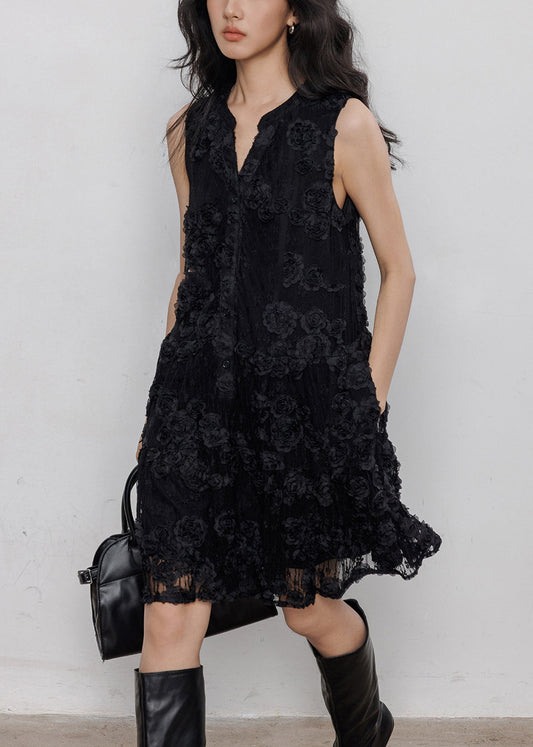 Black Button Hollow Out Lace Mid Dresses Sleeveless