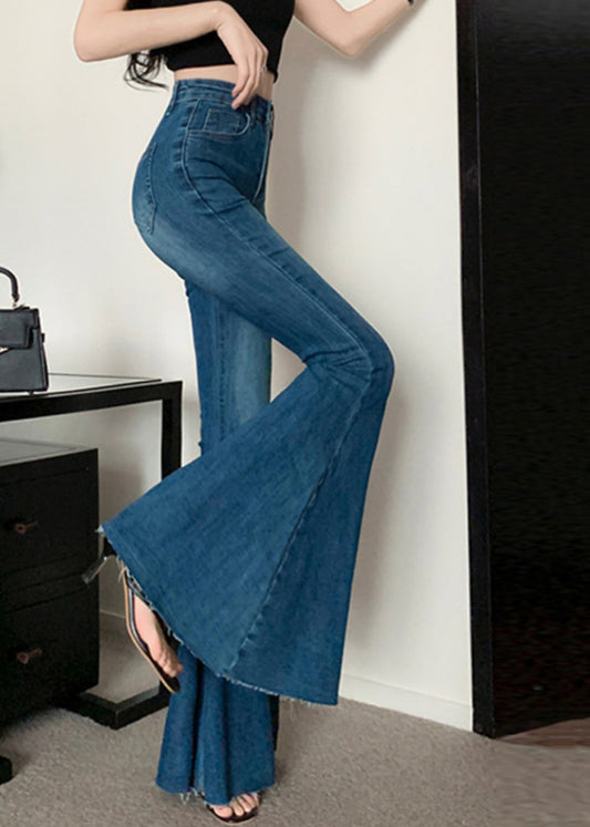 Navy Tummy Control Denim Bell-bottom Trousers Spring