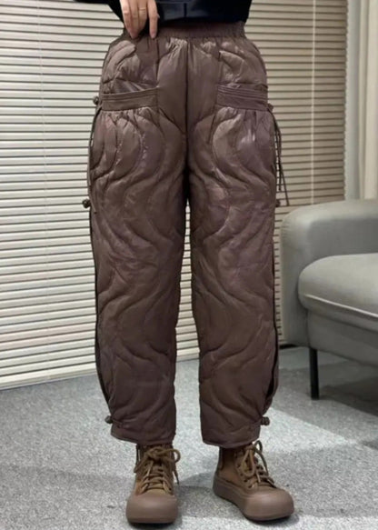 Loose Black Pockets Elastic Waist Thick Warm Pants Winter