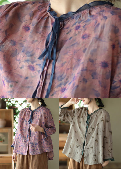 Grey Neck Tie Print Ramie Tops Long Sleeve