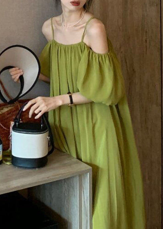 Loose Green Cold Shoulder Cotton Spaghetti Strap Dress Summer