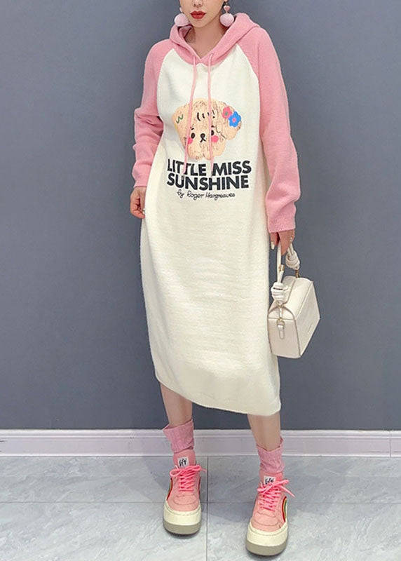 Pink Print Wrinkled Knit Maxi Sweater Dresses Long Sleeve