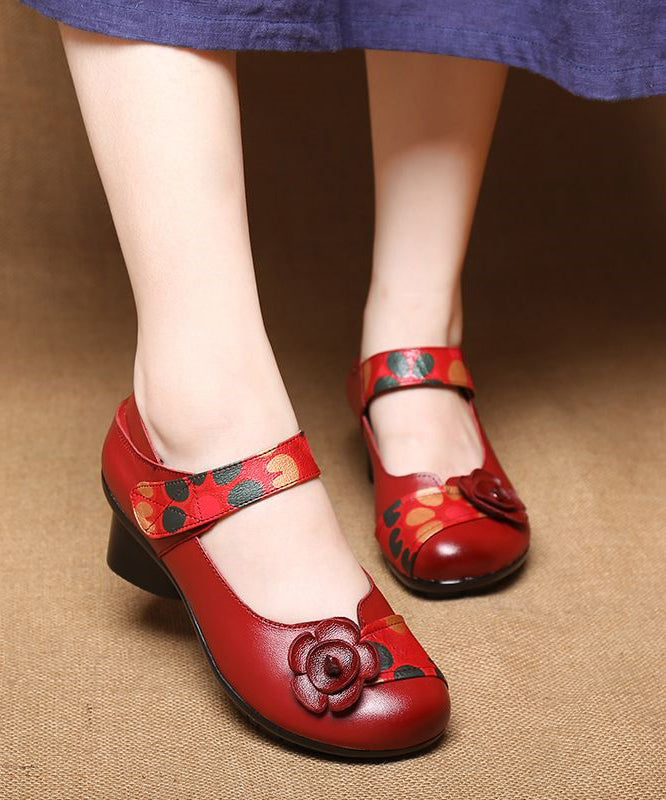 Red Chunky Heel Cowhide Leather Fitted Splicing