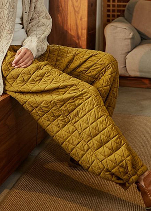 Simple Yellow Elastic Waist Cotton Filled Pants Winter