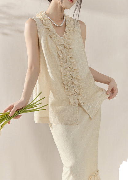 Loose Apricot Vest and Maxi Skirts Two-piece Set Sleeveless