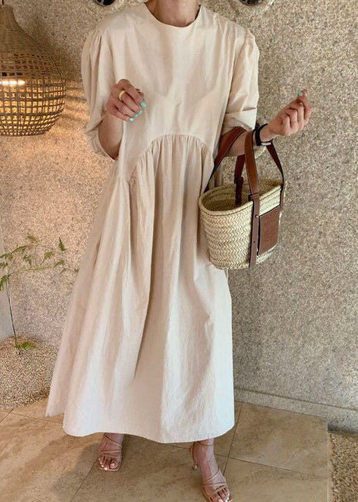Khaki O Neck Wrinkled Patchwork Cotton Dresses Summer