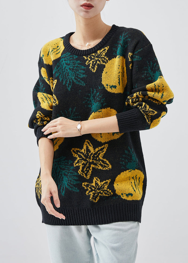 Black Oversized Print Knit Sweater Tops Winter