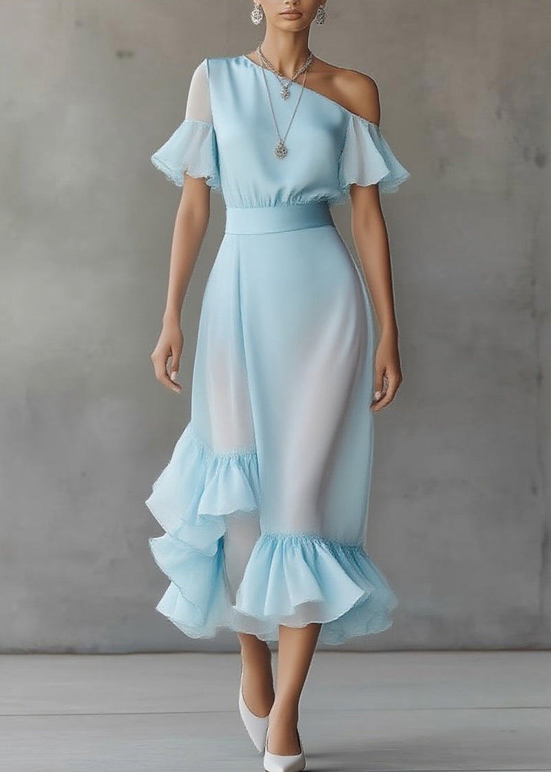 Novelty Blue Asymmetrical Patchwork Chiffon Maxi Dress Butterfly Sleeve