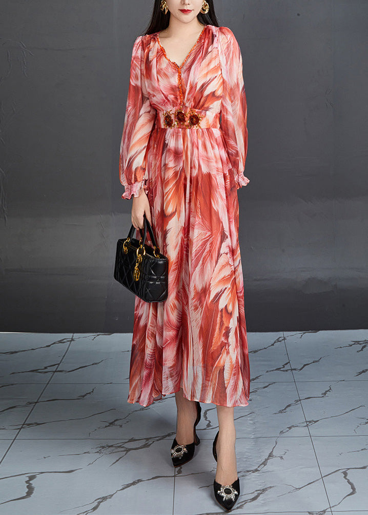 Green V Neck Print High Waist Chiffon Dress Butterfly Sleeve