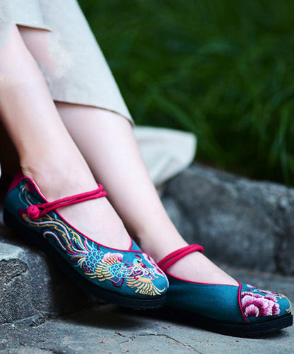 Blue Embroideried Flat Feet Shoes Cotton Fabric Buckle Strap Flat Shoes for