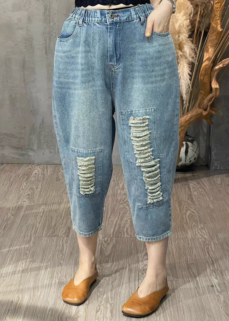 New Light Blue Hole Pockets Elastic Waist Denim Crop Pants Spring