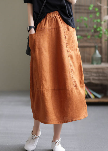 Boutique Orange Elastic Waist Pockets Patchwork Linen Skirt Spring