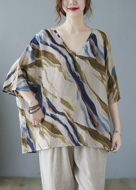 Blue Bat Wing Sleeve V Neck Asymmetrical Design Fall Striped Top