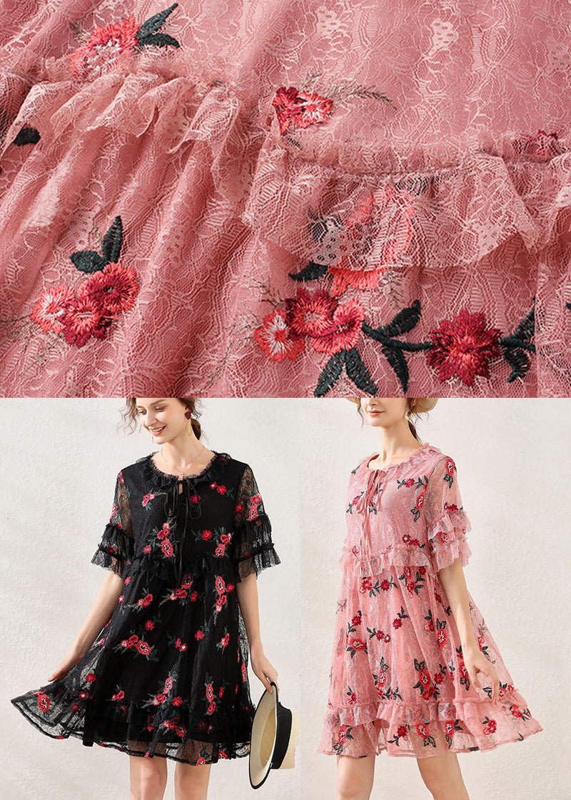 Black Embroideried Patchwork Lace Mid Dress Short Sleeve