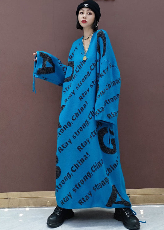 Blue Print Loose Knit Sweater Long Dress Spring