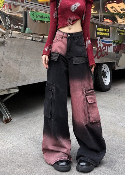 Modern Gradient Color Oversized With Pockets Denim Pants Spring