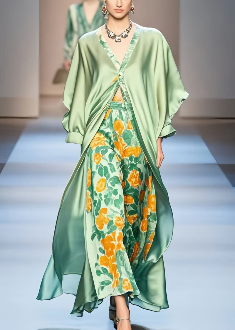 Original Design Green Print Silk Long Dress Batwing Sleeve Spring