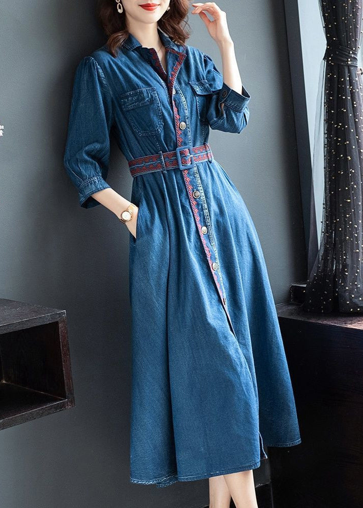 Blue Peter Pan Collar Button Sashes Embroideried Cotton Vacation Dresses Three Quarter Sleeve