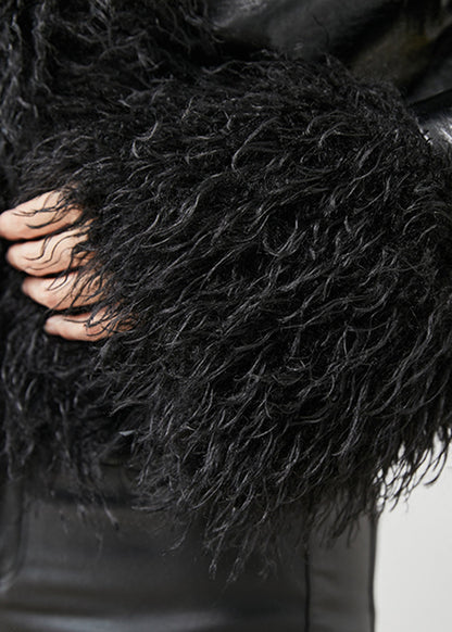 Black Fur Collar Patchwork Faux Leather Coat Winter