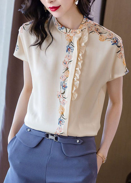White Stand Collar Asymmetrical Ruffled Print Silk Tops Summer