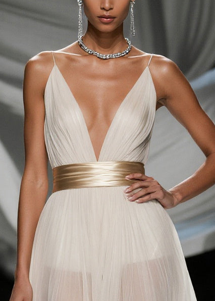 Simple White Deep-v Neck Tulle Tunic Beach Dress Summer