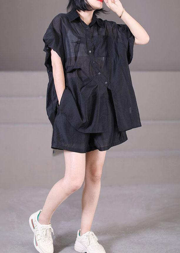 Black Asymmetrical Design Button Silk Shirts and Shorts Two Piece Suit Set Summer