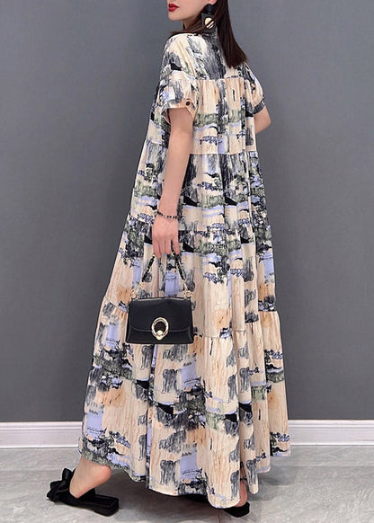 Stand Collar Button Print Patchwork Wrinkled Chiffon Long Dress Short Sleeve