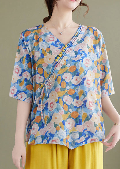 Blue V Neck Print Patchwork Cotton Shirt Tops Summer