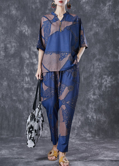 Blue V Neck Print Cotton Two Piece Set Outfits Summer