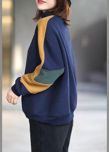 Blue Blouse High Neck Patchwork Box Spring Shirt