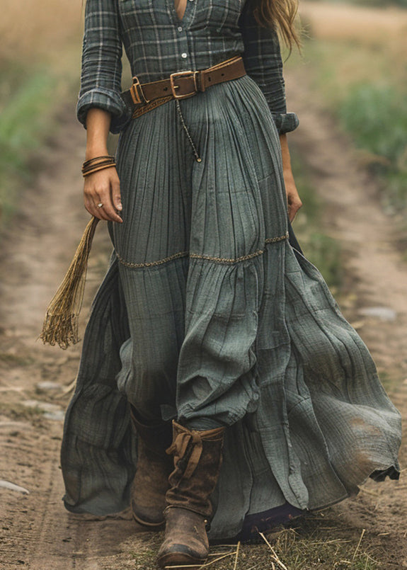 Green Plaid Patchwork Cotton Long Dress Spring