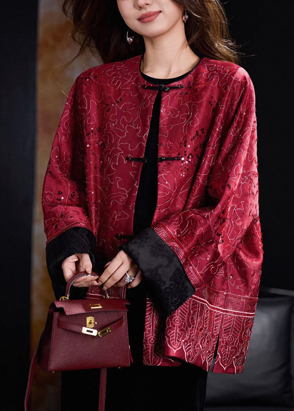 Red Sequins Patchwork Pockets Coats Winter