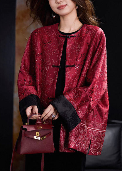 Red Sequins Patchwork Pockets Coats Winter