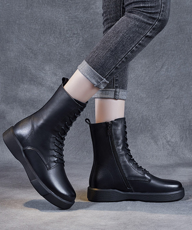 Black Platform Cowhide Leather Lace Up Boots
