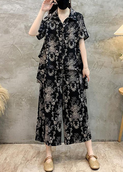 Black Low High Design Cotton Two-piece Set Peter Pan Collar Short Sleeve