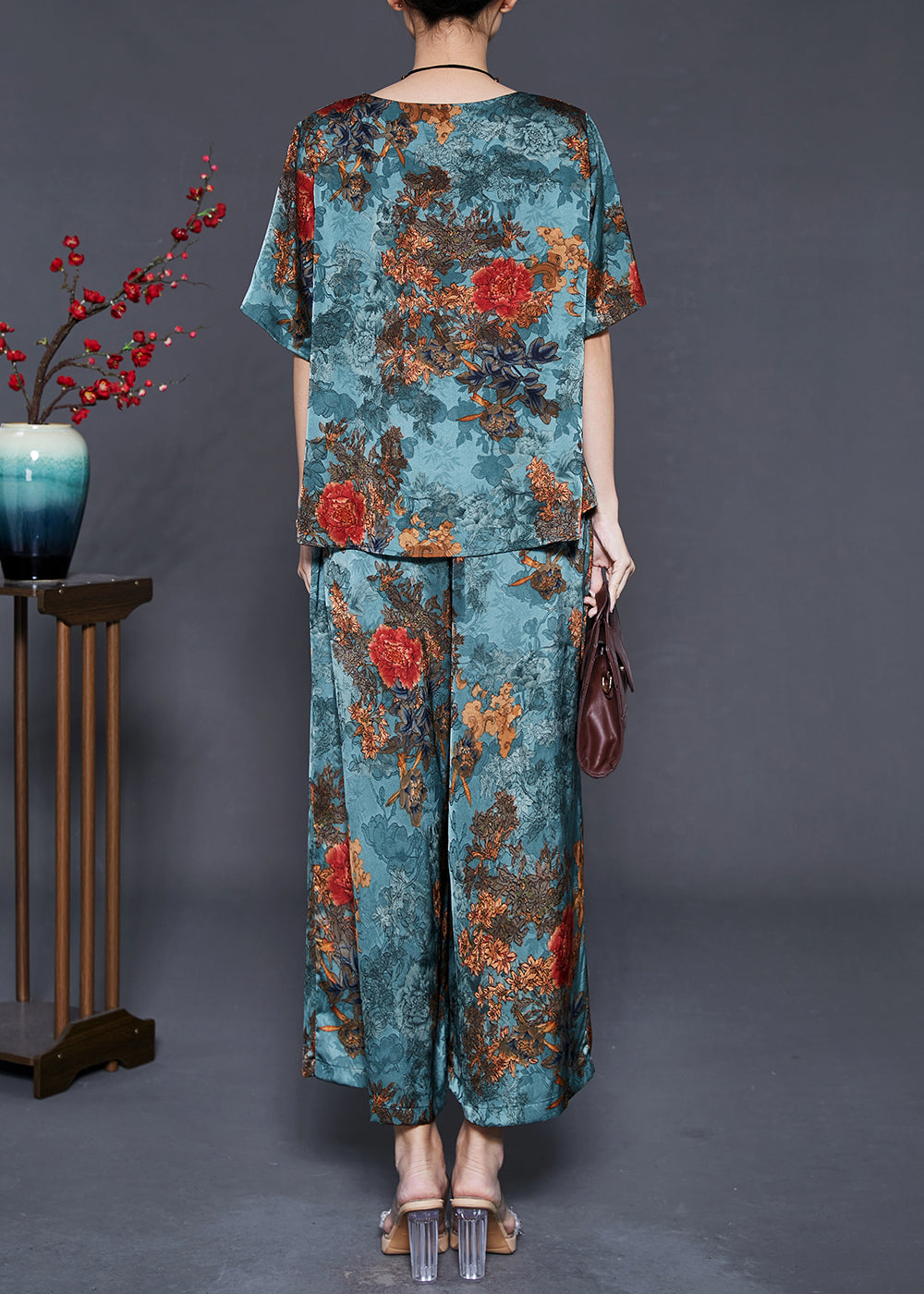 Diy Sea Blue Oversized Print Silk Two Pieces Set Summer
