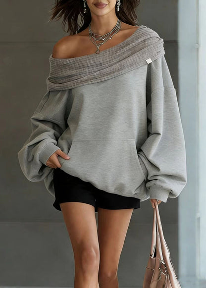 New Grey Slash Neck Hooded Pullover Spring
