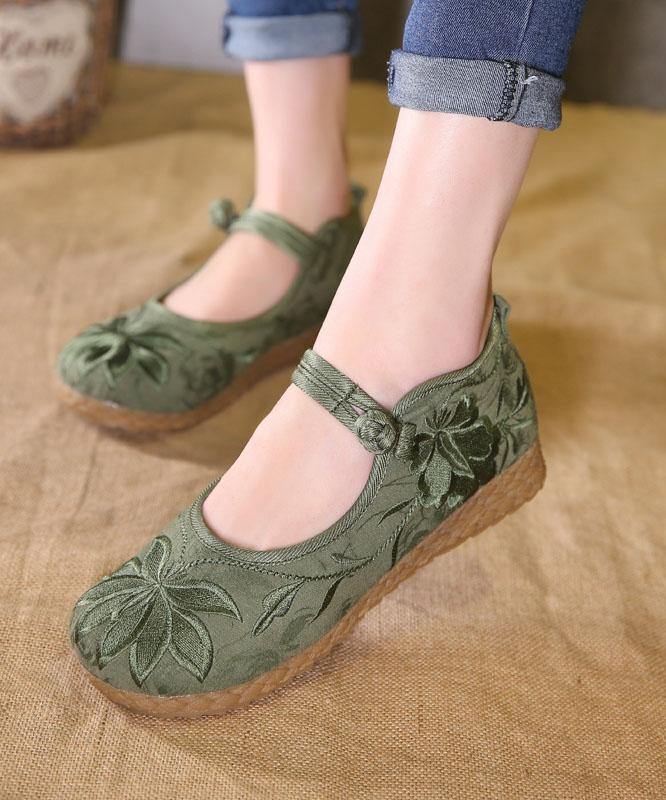 Buckle Strap Flat Feet Shoes Green Embroideried Cotton Fabric