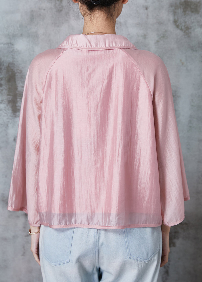 Pink Peter Pan Collar Chinese Button Silk Shirts Summer