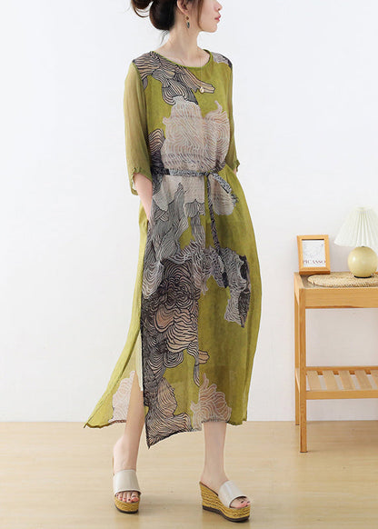 Slim Fit Green O-neck Side Open Tunic Print Linen Party Dress Half Sleeve