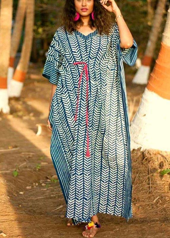 Organic Blue V Neck Kimono Robe Cotton Dress