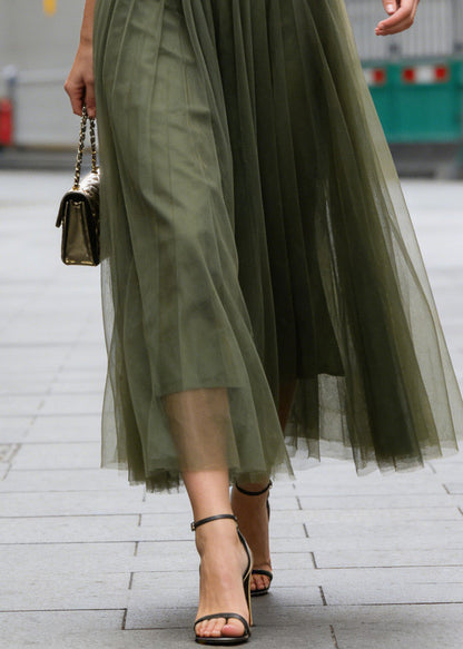 Simple Green Wrinkled Patchwork Tulle Skirts Spring