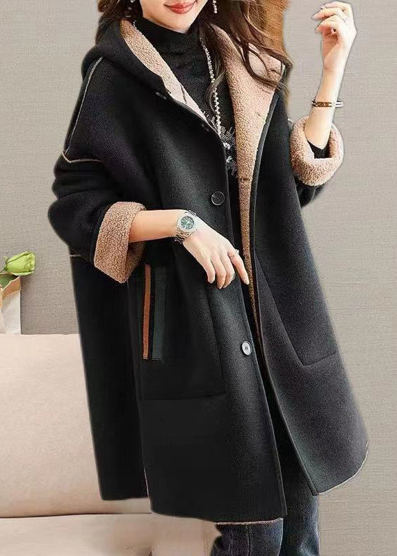 Black Hooded Pockets Patchwork Woolen Coat Winter