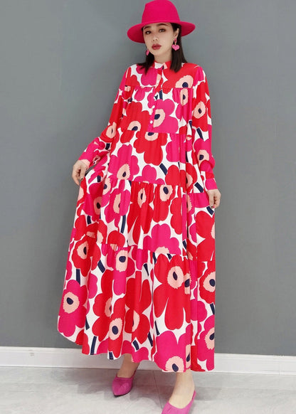 Red Stand Collar Print Patchwork Wrinkled Cotton Long Dress Long Sleeve