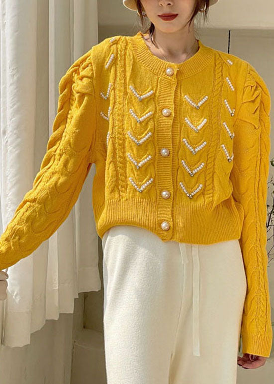Yellow Puff Sleeve Nail Bead Knit Loose Sweaters Spring Coat