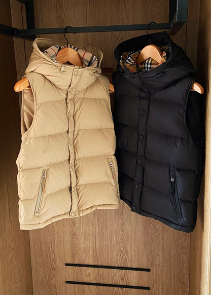 Simple Black Hooded Color Duck Down Puffer Vest Sleeveless