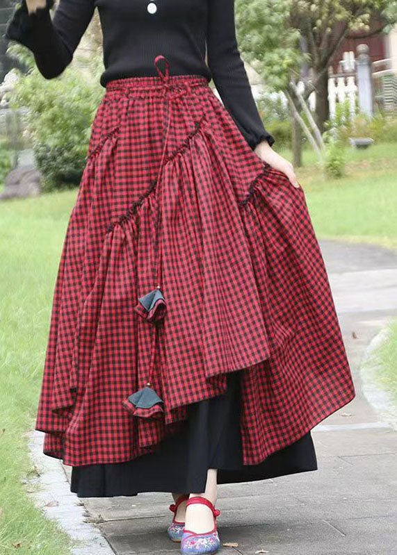 Green Asymmetrical Plaid Patchwork Tie Waist Long Skirts Fall