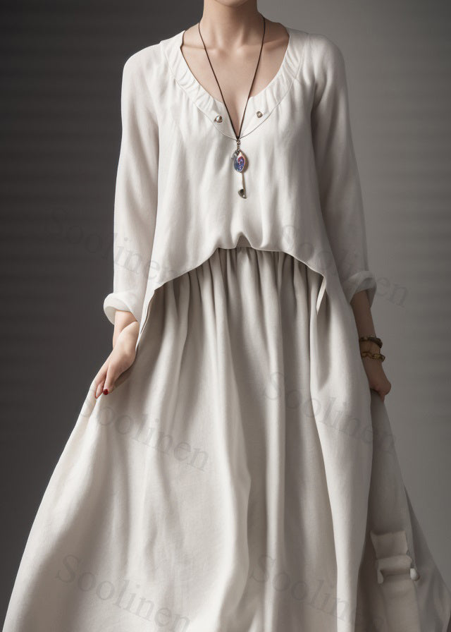 Classy Beige V Neck Wrinkled Patchwork Silk Maxi Dress Long Sleeve
