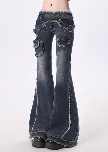 Navy Tasseled Patchwork Pockets Denim Flare Bottoms Pants Spring